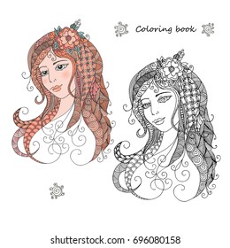 Portrait of a beautiful girl in zentangle style. Vector Illustration isolated on white background. linear drawing. Black and white, colorful images, be used for coloring book adult.