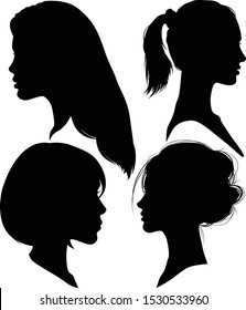 Portrait of beautiful girls with a hairstyle, a women in profile, isolated outline silhouettes - vector illustrations set.