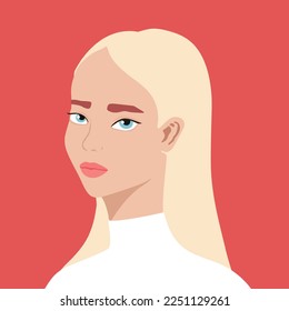 Portrait of a beautiful half turn woman. Young blonde girl. Fashion and beauty. Female. Avatar for social networks. Bright art. Flat style