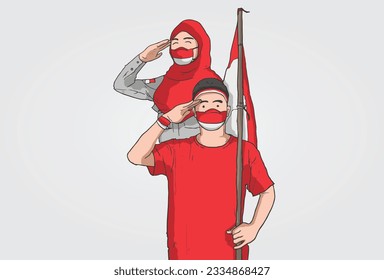 
Portrait of beautiful and handsome young Asian Muslim woman and man with Indonesian flag saluting