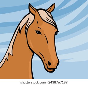 Retrato de un caballo hermoso. Cabeza de caballo. Un animal elegante con una melena y pezuñas. Ilustración vectorial de dibujos animados. Línea dibujada a mano