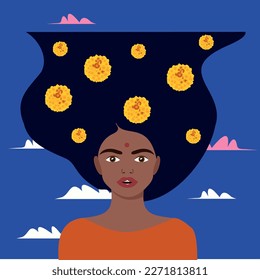 Portrait of a beautiful Indian brunette woman with marigold flowers in her hair. Background sky with colored clouds. Vector, illustration.	