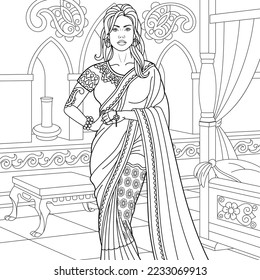 Portrait of beautiful Indian girl. Adult coloring book page in mandala style