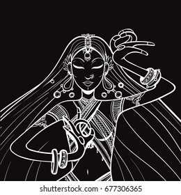 Portrait of a beautiful indian woman. Isolated vector illustration. For Hindu, African, Indian, Thai, boho design, spiritual print. Hand draw monohrome art.