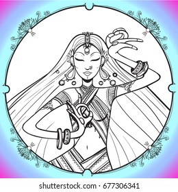 Portrait of a beautiful indian woman in a round frame with flowers.Isolated vector illustration. For Hindu, African, Indian, Thai, boho design, spiritual print. Hand draw art.
