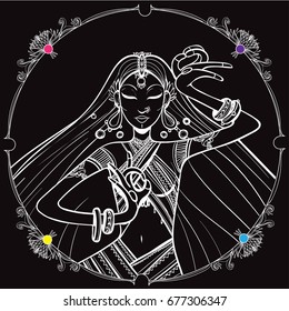 Portrait of a beautiful indian woman in a round frame with  flowers and chakras. Isolated vector illustration. For Hindu, African, Indian, Thai, boho design, spiritual print. Hand draw art.