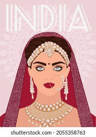 Portrait the beautiful Indian woman in a traditional saree.Vector illustration in a flat style.