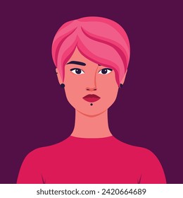 Portrait of a beautiful informal young woman with pink hair and piercing. Avatar for social media. Abstract female portrait in flat style