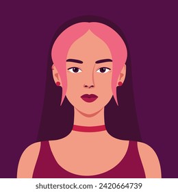 Retrato de una bella joven informal con cabello rosado. Avatar para los medios sociales. Ilustración del vector