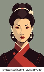 Portrait of a beautiful japanese geisha. chinese woman Vector illustration. flat color cartoon style portrait poster