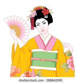 Portrait of beautiful japanese girl in kimono and with fan. Vector illustration.