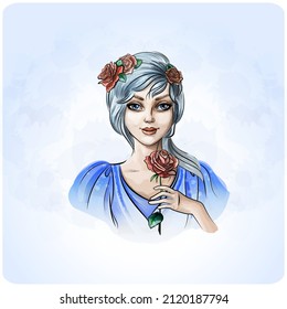 Portrait of a beautiful lady with blue hair and a scarlet rose.Blonde fairy with a red rose in her hand.