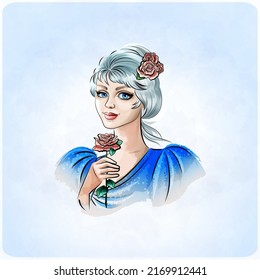 Portrait of a beautiful lady with blue hair and a scarlet rose.Blonde fairy with a red rose in her hand.