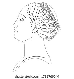 Portrait of a beautiful lady. Female profile. Italian Renaissance woman. Black and white linear silhouette.