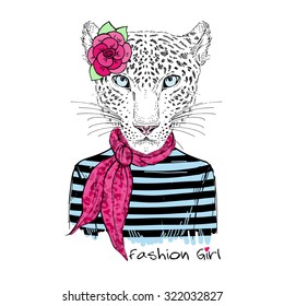  portrait of beautiful leopard hipster girl, hand drawn graphic, animal illustration