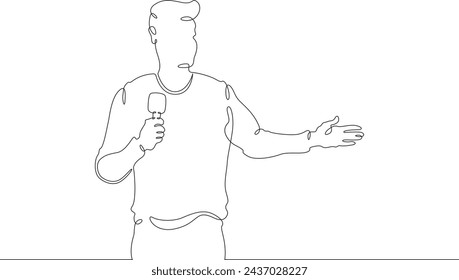 Portrait of a beautiful  man TV presenter. Journalist with a microphone in her hands. Reporter reporting.One continuous line .Line art.Minimal single line.White background.One line drawing.
