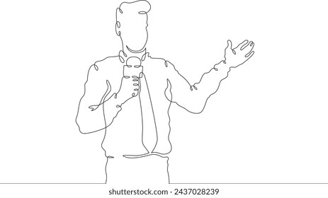 Retrato de un hombre hermoso presentador de televisión. Periodista con un micrófono en las manos. Informe del reportero.Una línea continua .Line art.Una línea mínima.Fondo blanco.Una línea de dibujo.