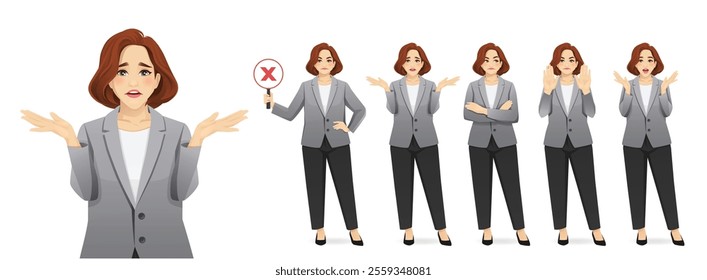 Portrait of beautiful mature full-figured business woman in suit showing negative emotions with different gestures set isolated vector illustration