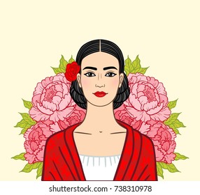 Portrait of the beautiful Mexican girl in  ancient  clothes, a background - the stylized roses. Boho chic, ethnic, vintage. Vector illustration isolated.