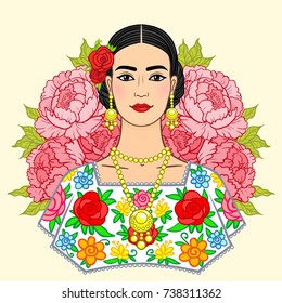 Portrait of the beautiful Mexican girl in  ancient  clothes, a background - the stylized roses. Boho chic, ethnic, vintage. Vector illustration isolated.