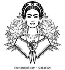 Portrait of the beautiful Mexican girl in ancient  clothes, background - the stylized roses. Vector illustration isolated on a white background. Print, poster, t-shirt, card.