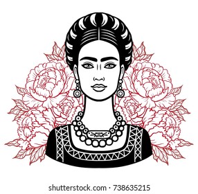 Portrait of the beautiful Mexican girl in ancient  clothes, background - the stylized roses. Vector illustration isolated on a white background. Print, poster, t-shirt, card.