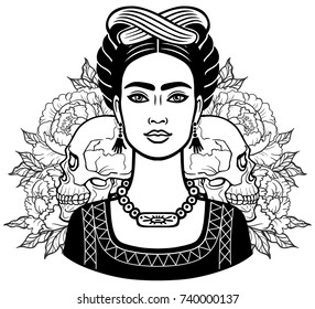 Portrait of the beautiful Mexican girl in ancient  clothes, human skulls, background - the stylized roses. Vector illustration isolated on a white background. Print, poster, t-shirt, card.