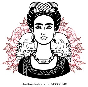 Portrait of the beautiful Mexican girl in ancient  clothes, human skulls, background - the stylized roses. Vector illustration isolated on a white background. Print, poster, t-shirt, card.