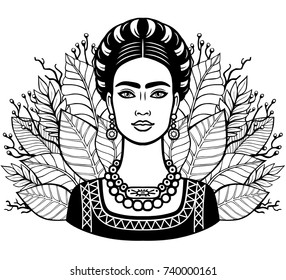 Portrait of the beautiful Mexican girl in ancient  clothes, background - the stylized leaves of plants. Vector illustration isolated on a white background. Print, poster, t-shirt, card.