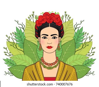 Portrait of the beautiful Mexican woman in  ancient  clothes, a background - the stylized leaves of plants. Boho chic, ethnic, vintage. Vector illustration isolated. Print, poster, t-shirt, card.