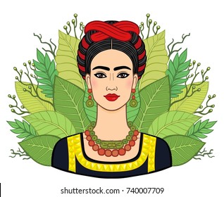 Portrait of the beautiful Mexican woman in  ancient  clothes, a background - the stylized leaves of plants. Boho chic, ethnic, vintage. Vector illustration isolated. Print, poster, t-shirt, card.