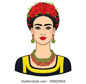 Portrait of the beautiful Mexican woman in  ancient  clothes. Boho chic, ethnic, vintage. Vector illustration isolated on a white background. Print, poster, t-shirt, card.