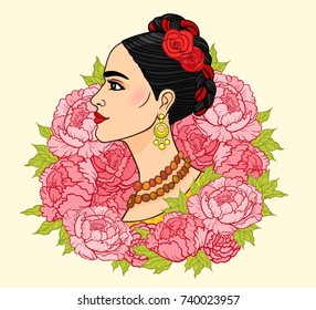 Portrait of the beautiful Mexican woman  an ancient hairstyle, a background - the stylized roses. Boho chic, ethnic, vintage. Vector illustration isolated. Print, poster, t-shirt, card.