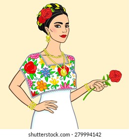 Portrait of the beautiful Mexican woman in a festive dress with a rose in a hand. Isolated on a beige background.