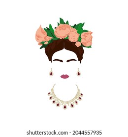 Portrait the beautiful Mexican woman flowers hairstyle, Frida Kahlo style, vector isolated on white background.