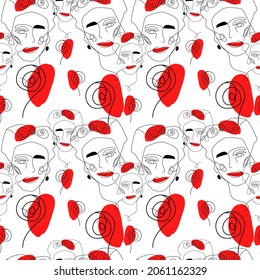 Portrait of a beautiful mexican woman in line art style. Modern, minimalistic seamless pattern. 