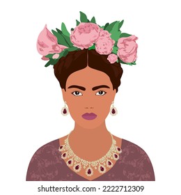 Portrait the beautiful Mexican woman in national clothes.Vector illustration of a flat isolated on a white background.	