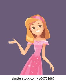 Portrait of a beautiful modern looking fairytale princess in a pink dress and a pink ribbon in her hair. Cute cartoon princess with big eyes standing with a raised hand. Vector illustration.