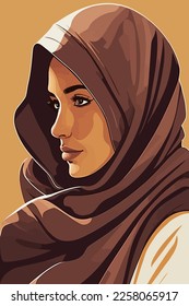 Portrait of beautiful muslim woman in hijab. Vector flat color cartoon illustration.