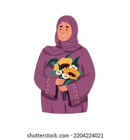 Portrait Of A Beautiful Muslim Woman Wearing Purple Hijab And Holding Bouquet Of Flowers. Happy Smiling Arabian Girl With Sunflower Bunch. Flat Vector Illustration Isolated On White Background