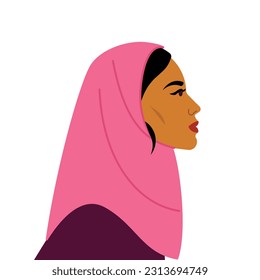 Portrait of beautiful muslim woman. Young woman in hijab. Side view. Modern vector illustration of female character. 