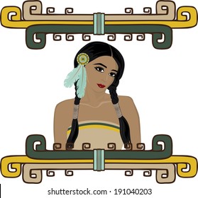 Portrait of beautiful Native American Indian girl with hair decorated with feathers