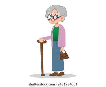 Retrato de una hermosa anciana con bolsa y bastón. Abuela con gafas, con el pelo gris corto. Señora mayor a pie. Abuelo. Ilustración vectorial.