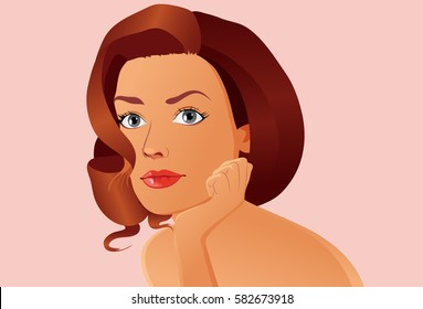 Portrait of beautiful pensive woman. Vector illustration.