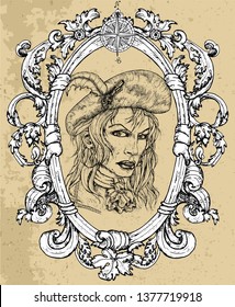 Portrait Of Beautiful Pirate Captain Woman In Hat On Texture Background. Hand Drawn Engraved Vector Illustration Of Sailor, Seaman Or Seafarer In Old Vintage Style