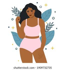 Portrait of beautiful plus size african american woman. Love your body or body positive concept. Flat vector illustration.