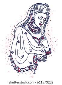 portrait of beautiful praying  indian woman in traditional saree, white background, vector illustration