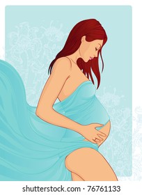 Portrait of a beautiful pregnant woman n turquoise chiffon shawl with  flowers on background. Vector illustration.