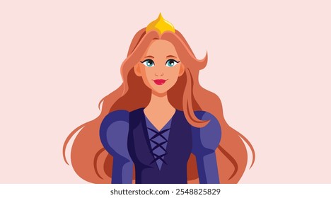 
Portrait of a Beautiful Queen with Golden Crown Vector Cartoon. Graceful princess wearing medieval dress and accessories 
