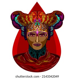 Portrait of beautiful red queen in drop of blood. Vector illustration isolated on white background.